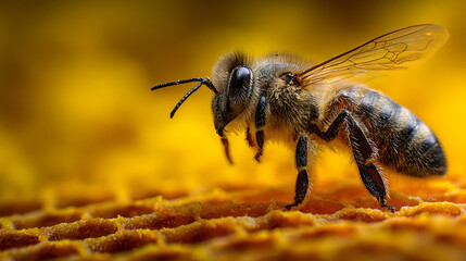 Extreme closeup of a bee in profile against a vibrant yellow honeycomb (1)