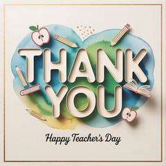 "3d typography, thank you text, apple illustration, gradient background, vintage style, decorative frame, teacher's day greeting card"
