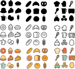 Collection of bakery and baking icons in various styles.