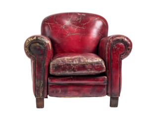 Vintage red leather armchair isolated on transparent background, retro upholstered furniture with distressed texture, classic lounge chair for interior design and home decor