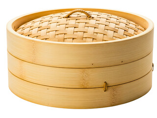 Traditional two-tier bamboo steamer basket with a woven lid on a transparent background