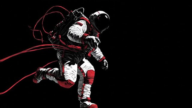 An astronaut in a white and red spacesuit floats against a stark black background