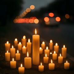 Rows of Burning Candles with Soft Light and Beautiful Golden Bokeh Effect in a Dark Setting, a Symbol of Memorial, Prayer, Hope, and Religious Ceremony