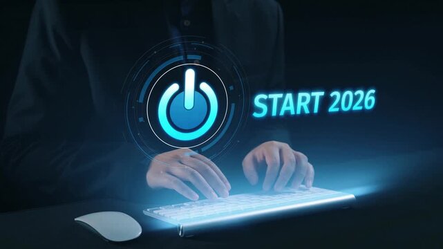 Start 2025 concept with futuristic power button symbolizing fresh beginnings, innovation, and digital transformation. Start 2025, new goals, and start 2025 initiative. Elide