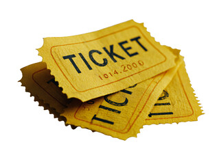 Yellow admission tickets isolated on transparent background, vintage paper entry passes for cinema, concert, carnival, or theater, retro ticket stubs for event design and decoration