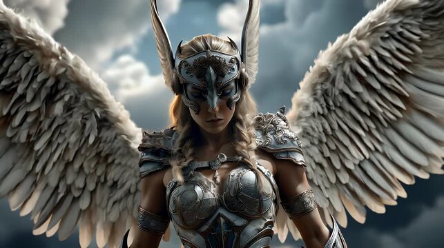 Fierce Valkyrie warrior in silver armor