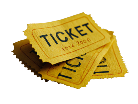 Yellow admission tickets isolated on transparent background, vintage paper entry passes for cinema, concert, carnival, or theater, retro ticket stubs for event design and decoration