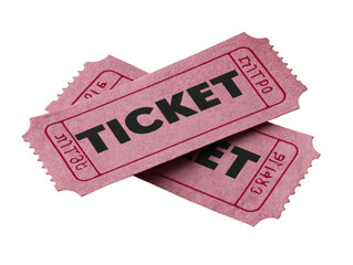 Pink admission tickets isolated on transparent background, vintage paper entry passes for cinema, concert, carnival, or theater, retro ticket stubs for event design and decoration