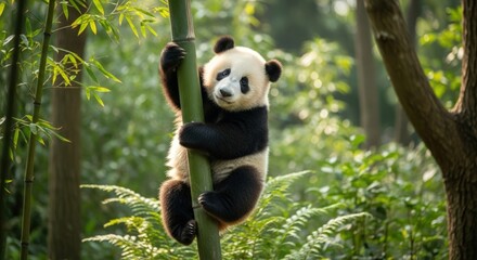 Obraz premium A giant panda climbing a bamboo stalk in a lush forest with green foliage and trees, captured in a naturalistic