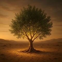 A Resilient Small Tree Thriving in Cracked, Dry Desert Soil Under the Sunlight, a Symbol of Toughness, Hope, and Environmental Restoration