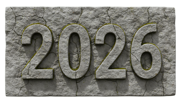 Stone wall with the year 2026 carved, displaying a textured surface and natural cracks, isolated on a white background.