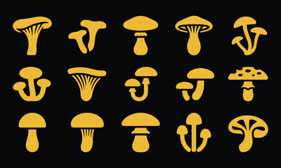 Vibrant Yellow Mushroom Icons on Black for Eye-Catching Botanical and Culinary Designs. Bold Flat Vector Shapes, Clean Modern Style, Professional Design.