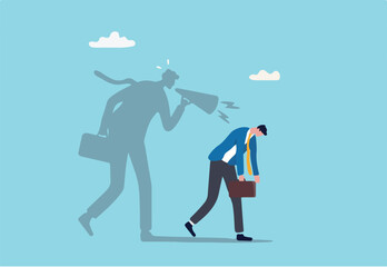Self criticism, negative critic thinking to blame yourself, guilt or depression to rant or inner anxiety, anger or stress psychology concept, depressed businessman self shadow blame with megaphone.