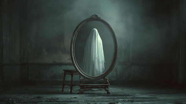 A ghostly woman in white haunting an old mirror (3) - Powered by Adobe