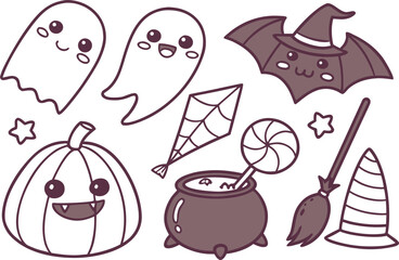A cute vector cartoon illustration set of fun Halloween ghosts and candy icons for a holiday card design