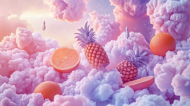 Fruits float in a colorful cloud sky