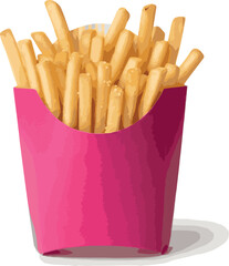 Gold French Fries in Pink Carton on white Background