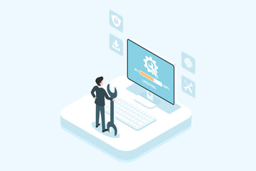 latest software update on computer screen, updating, isometric concept, flat design	

