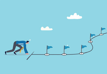 Start new business journey, career milestones or achievement, ready to win or overcome challenge, entrepreneurship to achieve goals or target concept, businessman ready to run on business milestones.