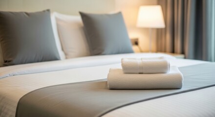 Inviting hotel room bed with crisp white linens and soft pillows ready for guests