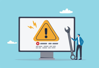 System error, software problem or system failure, security alert or hardware fault to be fixed, caution or maintenance concept, young technician holding wrench fix system failure message on computer.