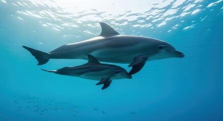 A mother dolphin swims with her calf in the clear blue ocean water, with sunlight filtering down from the surface.