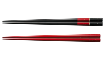 Pair of chopsticks, black and red, presented against a black background