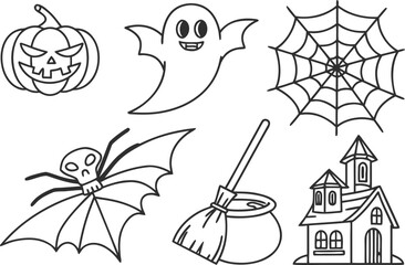 A cartoon vector illustration set of Halloween elements for coloring book design