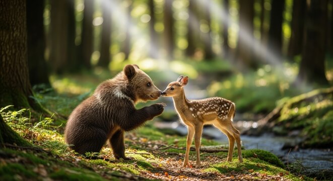 A gentle bear nuzzles a fawn in a sun-dappled forest clearing, showcasing an unlikely friendship in nature.