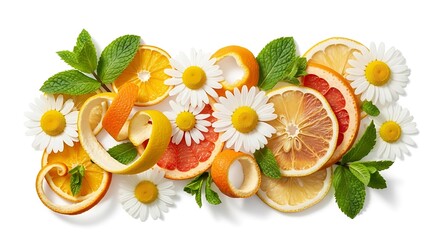 Vibrant Citrus and Floral Arrangement, Freshly Sliced Fruits and Flowers