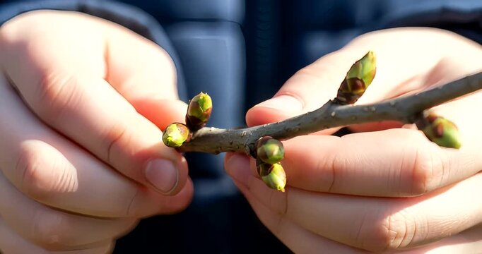 Close-up video of hands holding a twig with buds sprouting, nature awakens at spring, beauty of