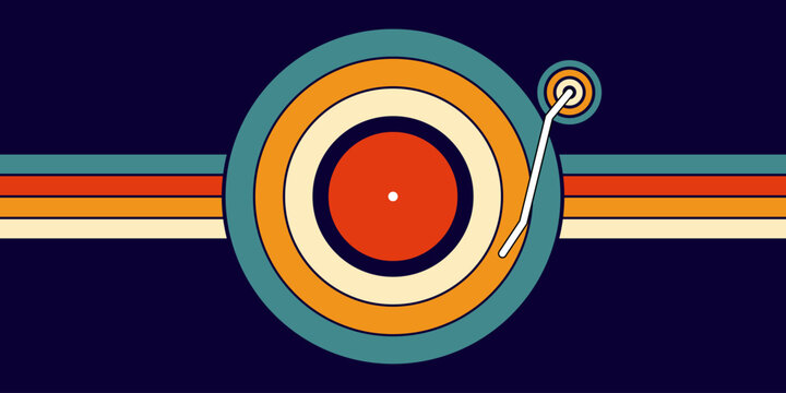 Retro stylized vinyl record and turntable illustration with concentric circles and horizontal stripes in a vintage color palette.