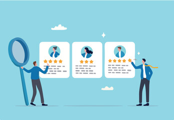 Performance management employee evaluation review, yearly appraisal or staff career development, employee measurement concept, businessman manager giving stars review on performance management. 