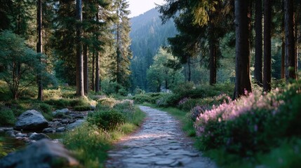 Fototapeta premium Sun Drenched Forest Path with Stone Pathway Through Lush Greenery and Vibrant Flowers in Cinematic HDR Landscape