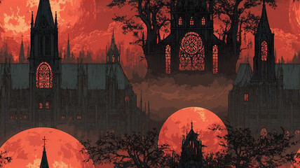Hauntingly lit Gothic cathedral stands against dramatic red sky, with silhouetted trees and large moon creating eerie atmosphere. intricate architecture and stained glass windows add to mysterious