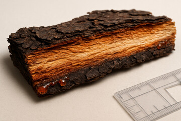 Pine bark cross-section reveals layered wood grain and sticky resin drops, with a measuring tool for scale.