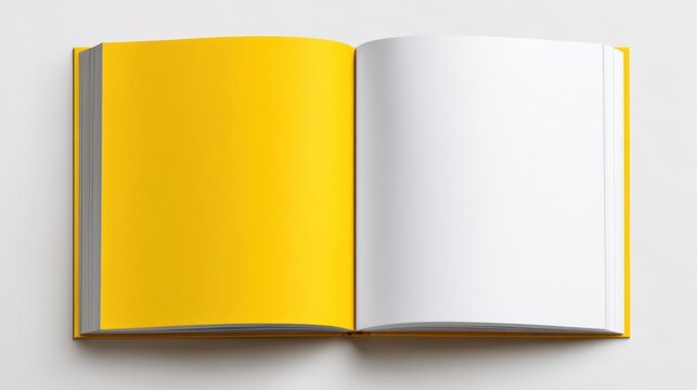 Open book with bright yellow cover and blank white pages, lying flat and centered on clean white background, high-resolution, minimalistic style for editorial use