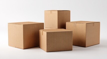 Group of four closed shipping boxes placed asymmetrically, some slightly rotated for realism, clear copy space on white background, perfect for moving company or packaging design