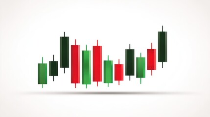 Minimalist candlestick trading chart with green and red bars, indicating upward market growth, isolated on white background, ideal for fintech platforms or trading guides