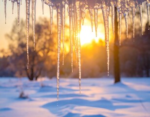 Winter Icicles Glimmering In Golden Sunlight