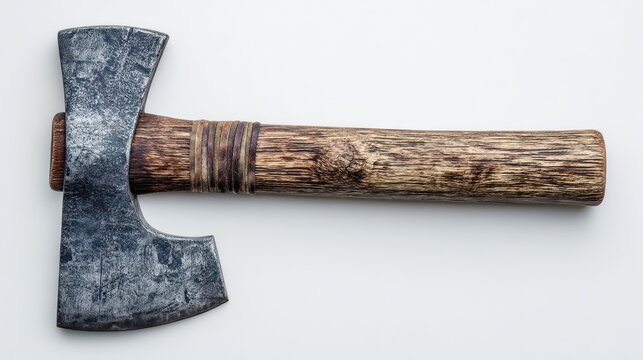 Top view of classic metal axe with wooden grip, rustic and natural texture, centered composition with large copy space on white background, ideal for survival or outdoors content