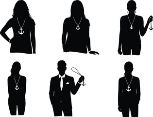 Silhouettes of men and women wearing anchor necklaces, nautical jewelry, maritime fashion, sailor accessory, coastal lifestyle, sea inspired design, trendy