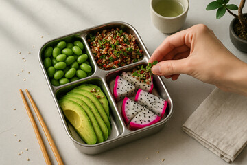 Hand arranging fresh greens on a gourmet, nutritious plant-based bento box, perfect for a balanced meal.