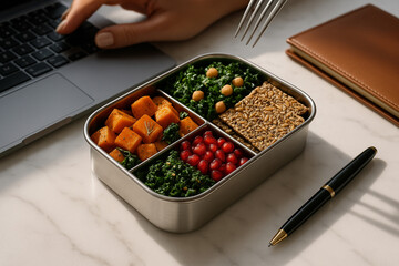 Healthy, stylish vegan lunch in a divided metal bento box. Perfect balanced meal for a busy office worker.