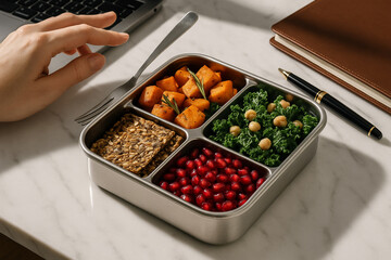 Healthy, stylish vegan lunch in a divided metal bento box. Perfect balanced meal for a busy office worker.