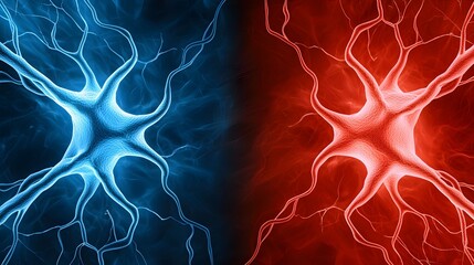 The image showcases a split composition of a blue neuron on the left and a red neuron on the right, set against backgrounds tinted with corresponding colors.
