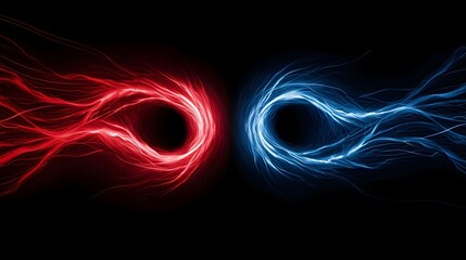The image shows a striking contrast between two swirling energy masses, one predominantly red and the other a vibrant blue, set against a stark black backdrop.