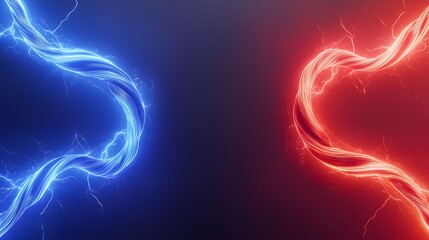 The image shows a pair of stylized, rope-like energy strands, one glowing in cool blue hues and the other radiating in warm reds, creating a dynamic contrast against the dark background.