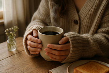Hands in a soft sweater holding a warm cup of coffee on a wooden table with toast and flowers.