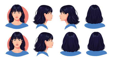 Illustrations of a young woman's face and hairstyle from various angles.
